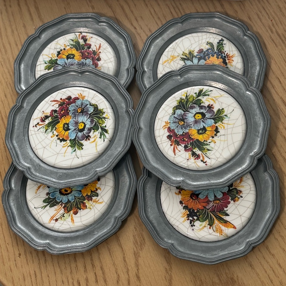 Set 6 Floral Designed Ceramic Tiled Pewter Coaster Set Lot Germany Reifen Henne‎